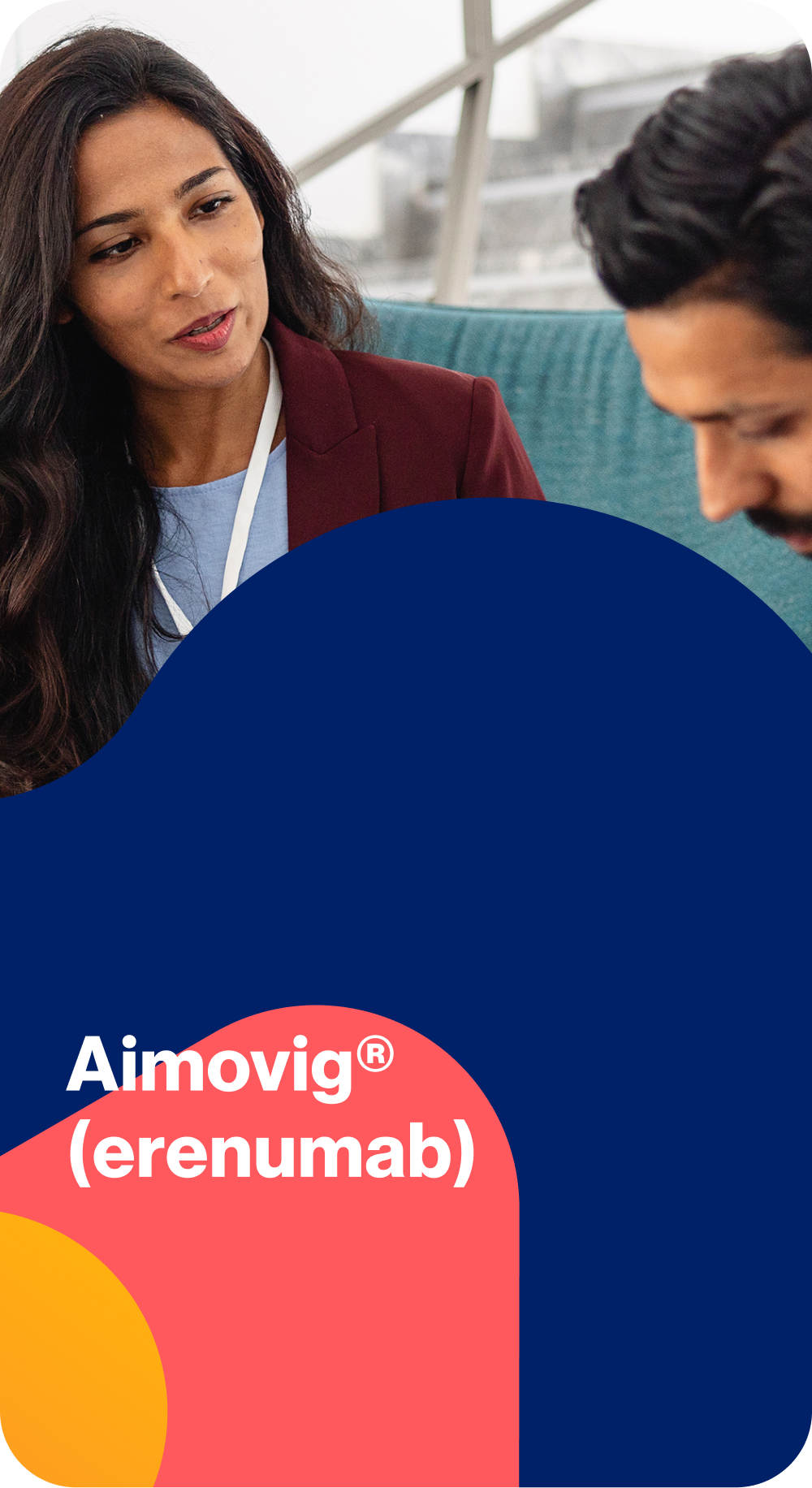 Aimovig® (erenumab) hero image showing a woman and a man in a meeting.