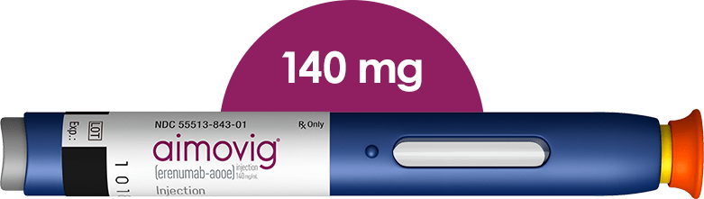 Image of the 140 mg dose Aimovig autoinjector pen