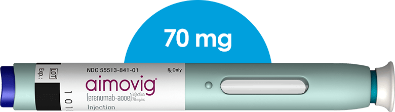 Image of the 70 mg dose Aimovig autoinjector pen