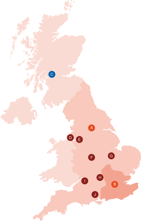 Map of the UK showing PNH dedicated centres and outreach clinics.