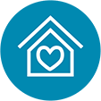 Icon of a home with a heart inside depicting paediatric population.