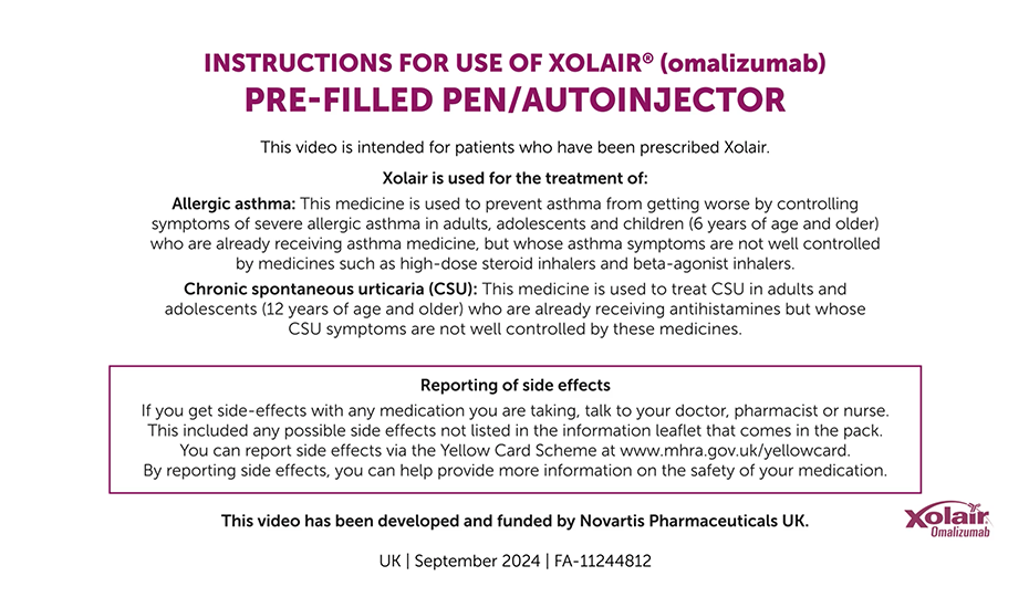 Preview image: instruction video for Xolair autoinjector.